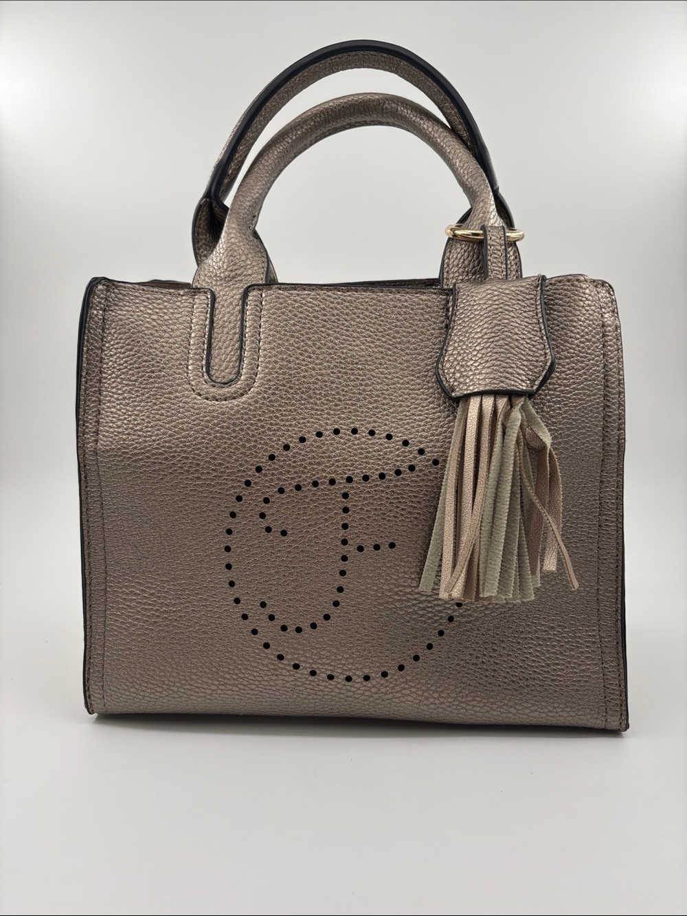 Firano Metallic Taupe Pebbled Leather Satchel with Tassel Accent no strap